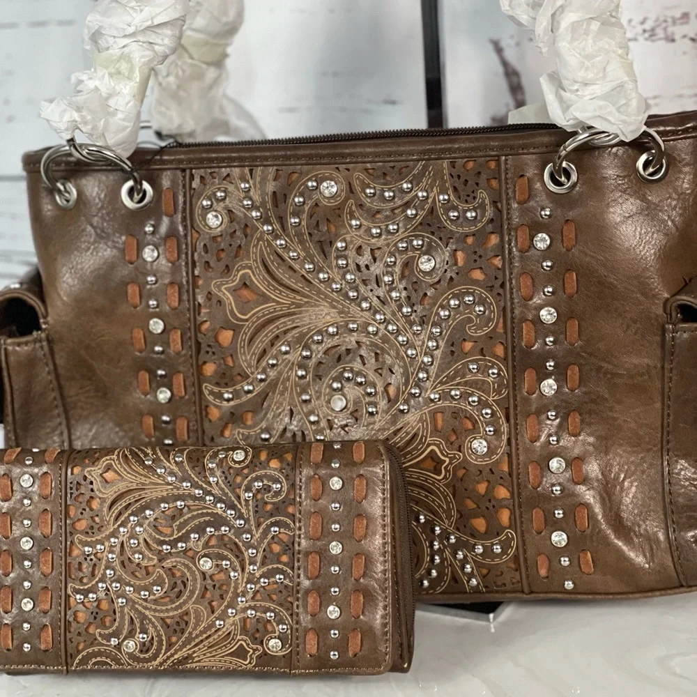 Montana West Cut-Out Collection Concealed Carry Carry Satchel + Wallet - Picture 2 of 10